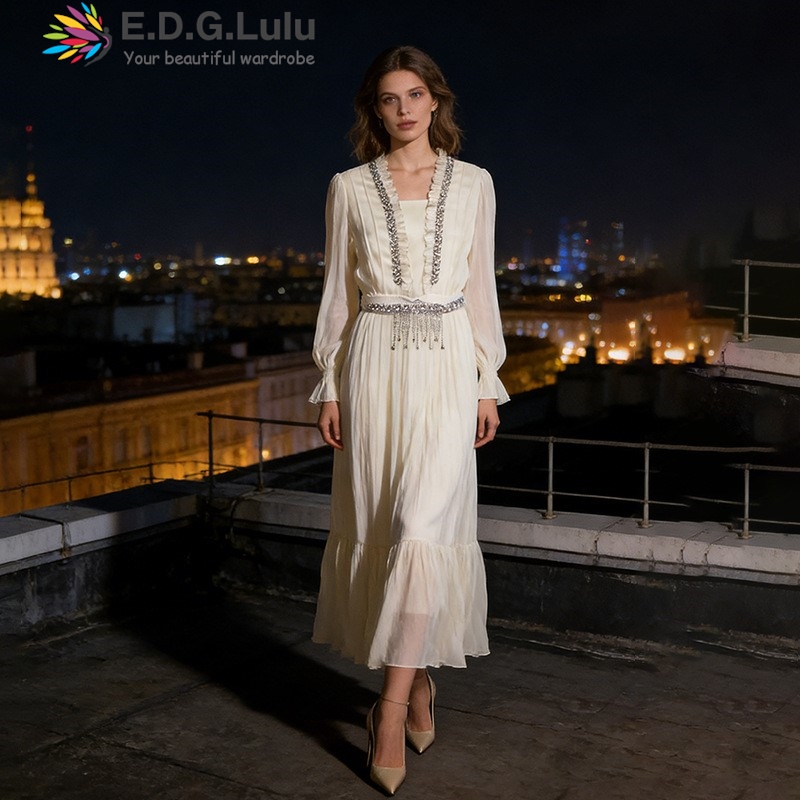 Wedding Lulu - EDGLuLu Zarif Beyaz Şifon Uzun Elbiseler